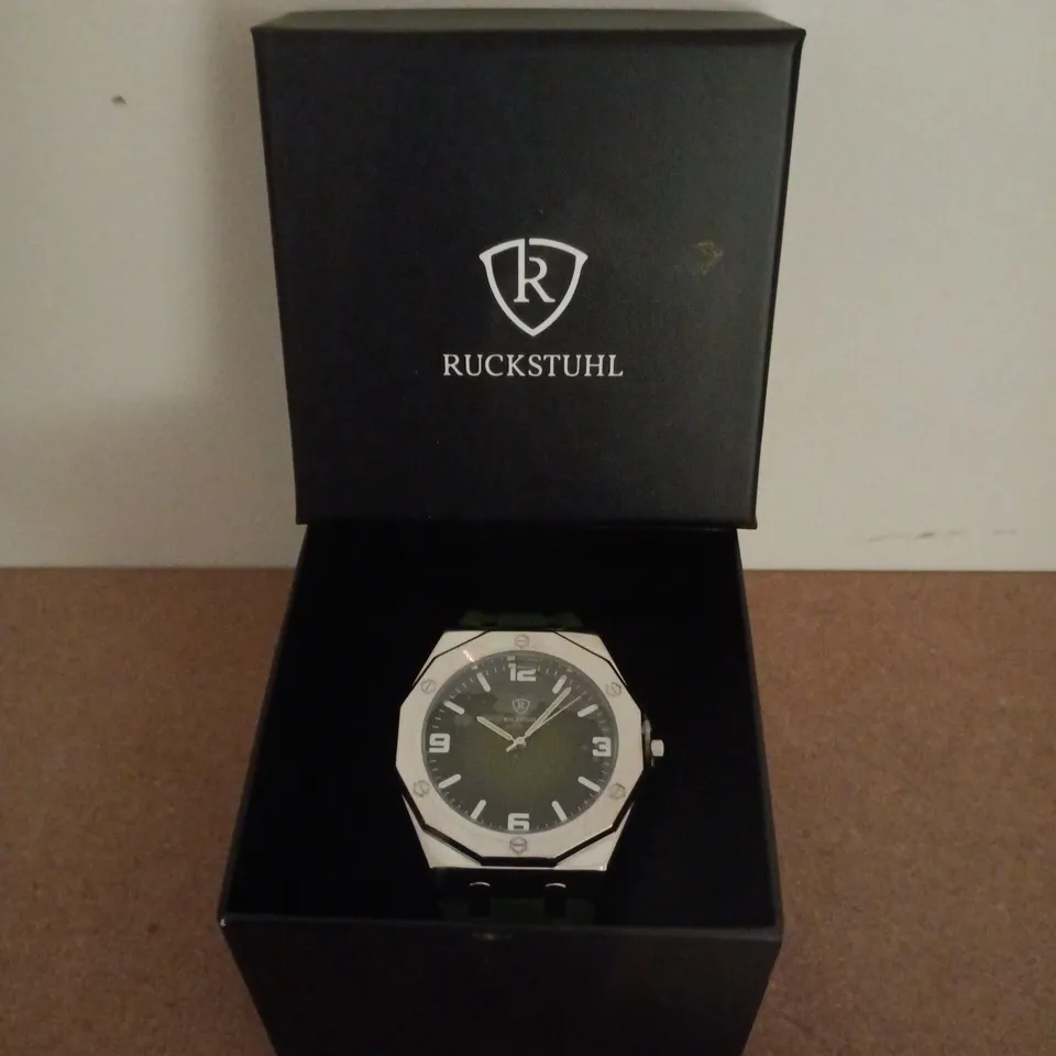RUCKSTUHL SILVER COLOUR WRISTWATCH WITH GREEN RUBBER STRAP 