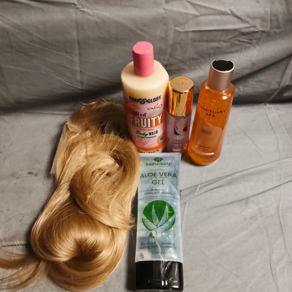 APPROXIMATELY 20 HEALTH AND BEAUTY PRODUCTS TO INCLUDE OH POLLY BLONDE HAIR PIECE, SOAP & GLORY BODY WASH AND SANCTUARY SPA BODY WASH
