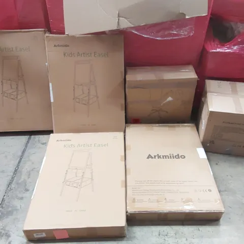 PALLET CONTAINING A LARGE QUANTITY OF ARKMIIDO KIDS ARTIST EASELS ALONG WITH OTHER ASSORTED ITEMS INCLUDING: PROFESSIONAL HAIR DRYER, OFFICE CHAIR ECT