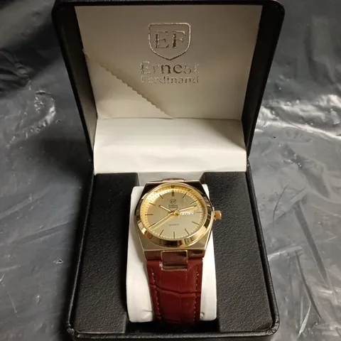 MENS ERNEST FERDINAND WATCH – DAY DATE CALENDAR DIAL – LEATHER STRAP