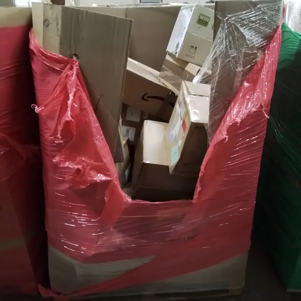 PALLET CONTAINING VARIOUS ASSORTED ITEMS TO INCLUDE: WALL MOUNTED TV BRACKETS,  ASH VACUUM,  STAINLESS STEEL LITTER BOX, DINNER SERVICE SET AND LOTS MORE UNMARKED BOXED ITEMS 