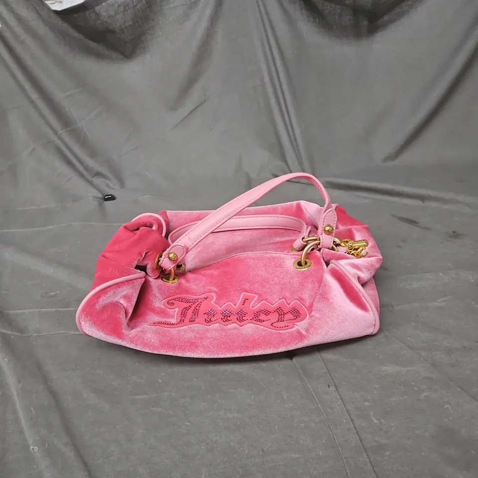 JUICY PINK VELOUR HANDBAG WITH LOGO SCRIPT AND GOLD HARDWARE 