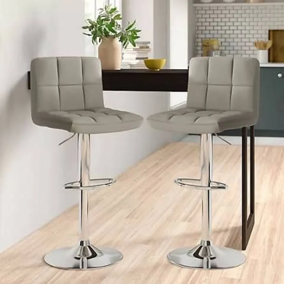 BOXED PAIR OF NEO FAUX LEATHER GREY BAR STOOLS WITH CHROME BASE (1 BOX)