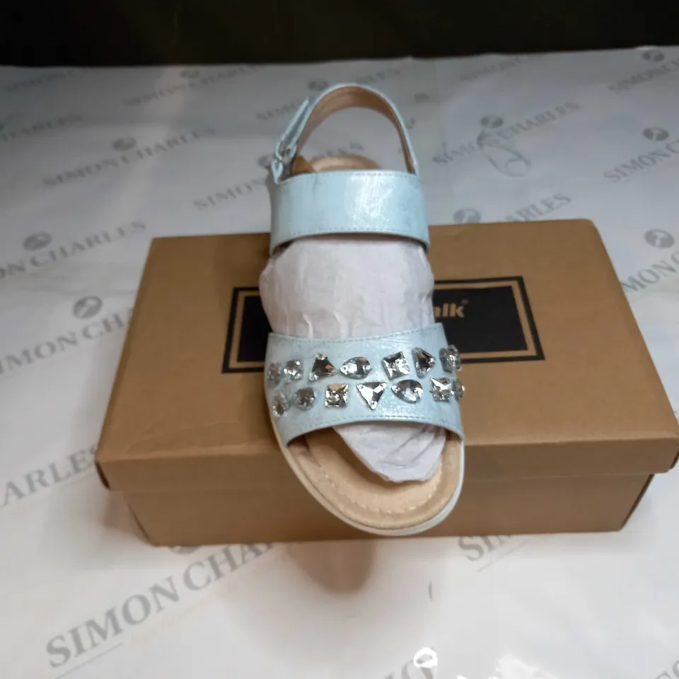 BOXED PAIR OF CUSHION WALK JEWELLED SANDALS IN SILVER - SIZE 6