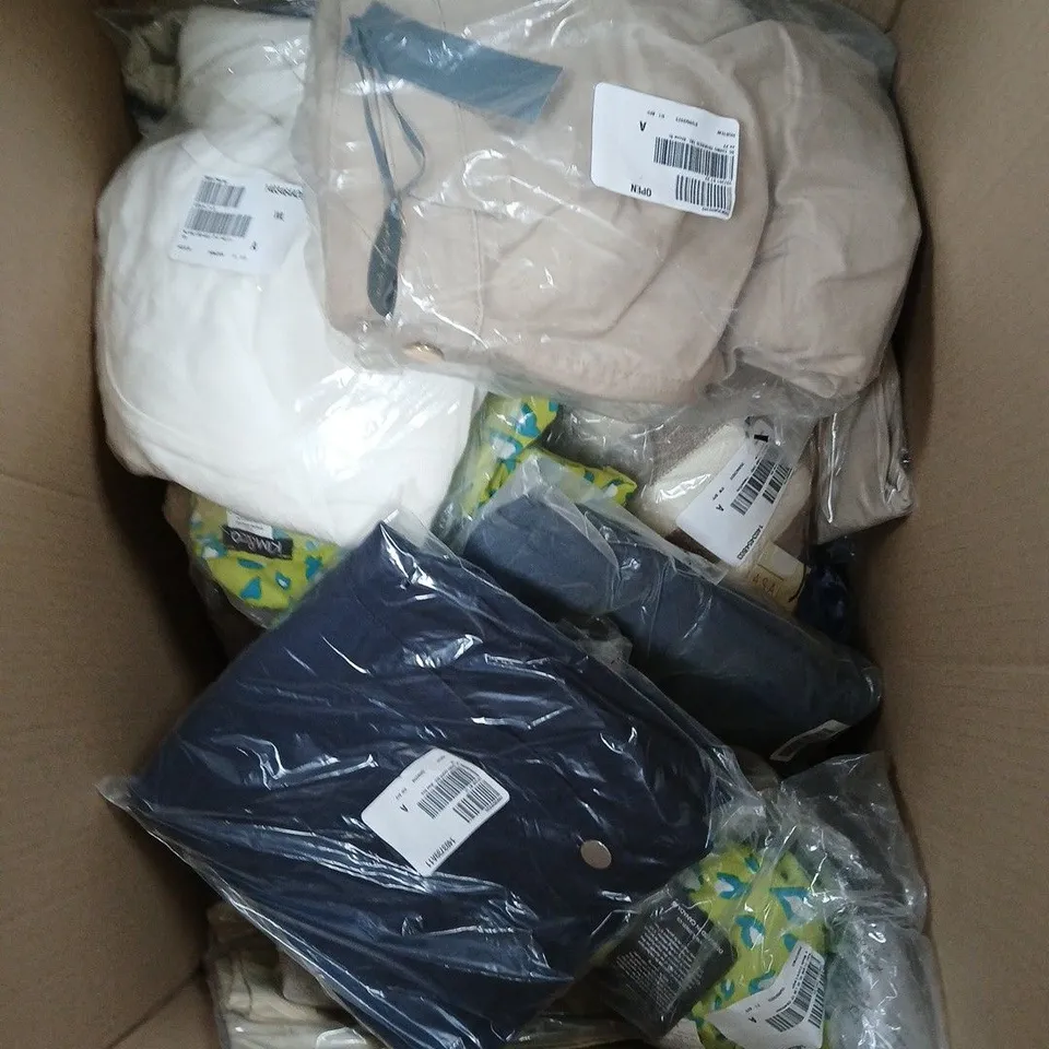 APPROXIMATELY 20 ASSORTED CLOTHING ITEMS IN VARIOUS STYLES, SIZES & COLOURS TO INCLUDE BAG, JEANS, JACKET, ETC