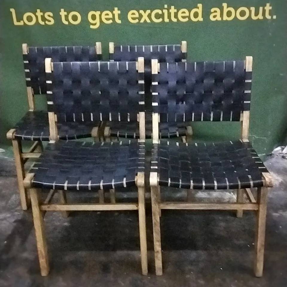 FOUR DESIGNER WOODEN FRAMED DINING CHAIRS WITH BLACK WEAVED LEATHER SEAT AND BACK PADS AND STUDDED DETAIL