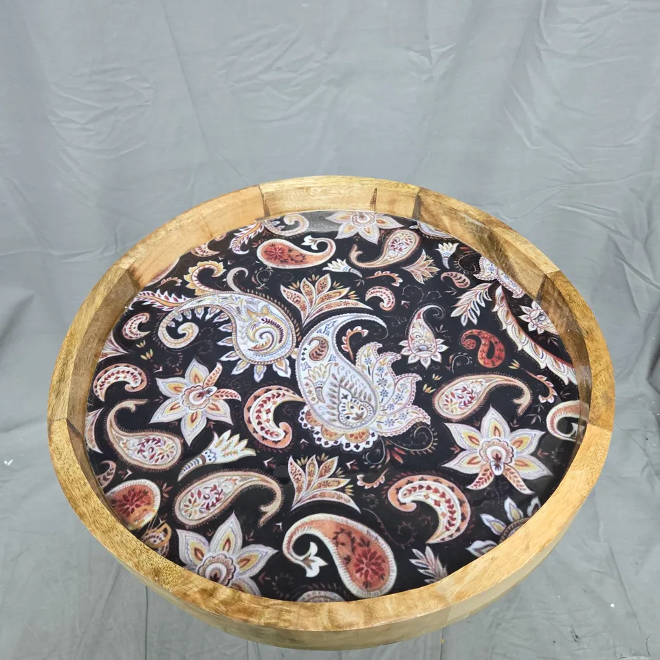 ROUND RUSTIC WOODEN TRIPOD SIDE TABLE WITH FABRIC-LOOK TOP