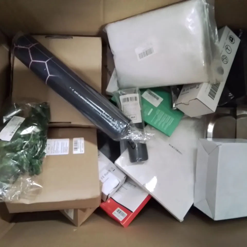 BOX CONTAINING LARGE AMOUNT OF BOXED ELECTRICAL ITEMS TO INCLUDE: SOME HEADPHONES, TONER CARTRIDGES, WIRELESS GAMING CONTROLLER, EARPHONES, LED WAX CANDLE LIGHTS, PHONE CASES ETC.