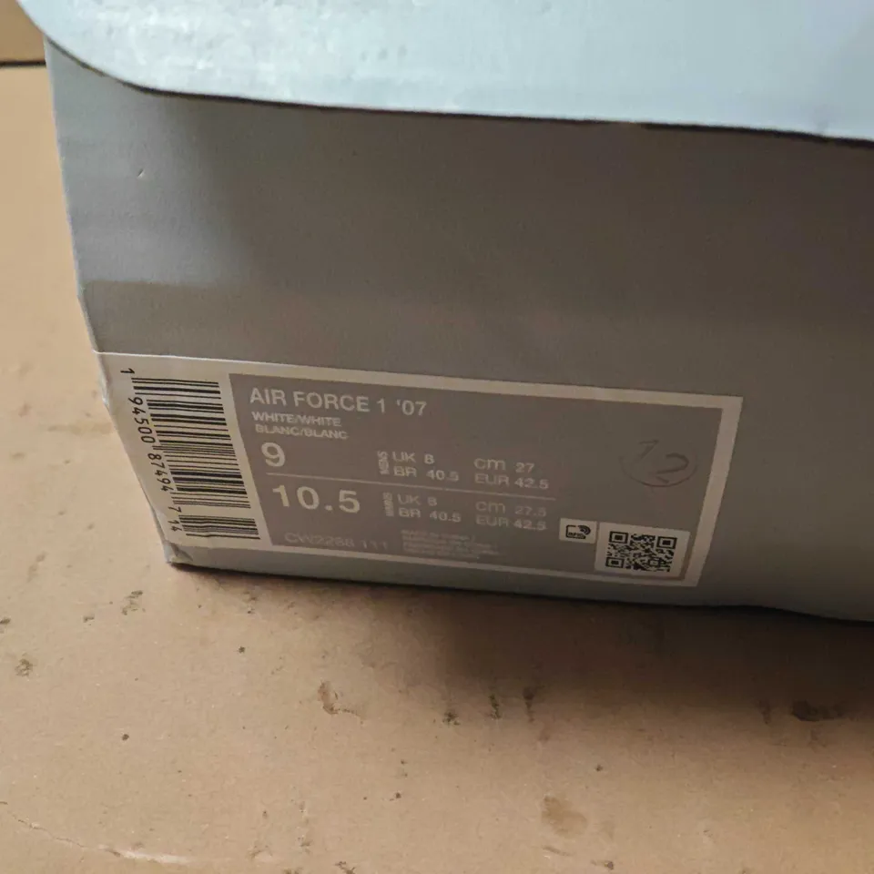 NIKE AIR FORCE 1 '07 WHITE/WHITE SNEAKERS – UK 8 (EU 42.5, US 9)
