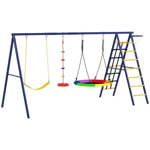 BOXED AIYAPLAY 6-IN-1 METAL KIDS SWING SET WITH 3 SWINGS, CLIMBING LADDER & NET, BASKETBALL HOOP (1 BOX)