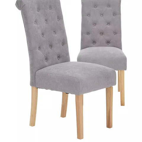 BOXED PAIR OF FABRIC SCROLL BACK DINING CHAIRS IN GREY/OAK - COLLECTION ONLY 