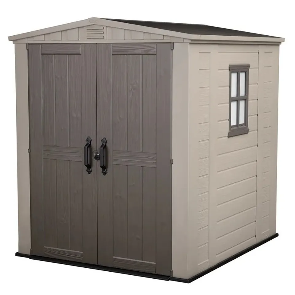 BOXED KETER FACTOR 6FT W X 6FT D APEX OUTDOOR GARDEN SHED (2 BOXES)