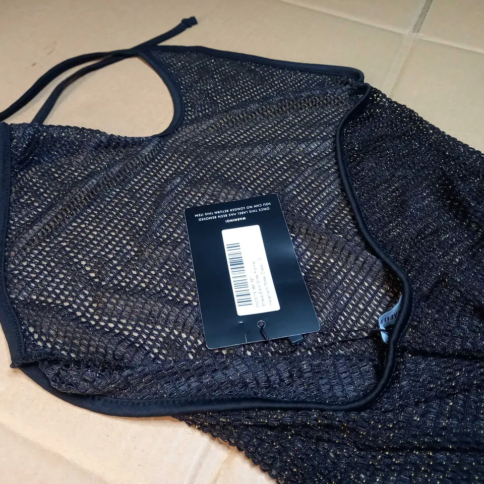 PRETTYLITTLETHING SHAPE BLACK GLITTER FISHNET HALTERNECK MIDAXI DRESS - SIZE 12