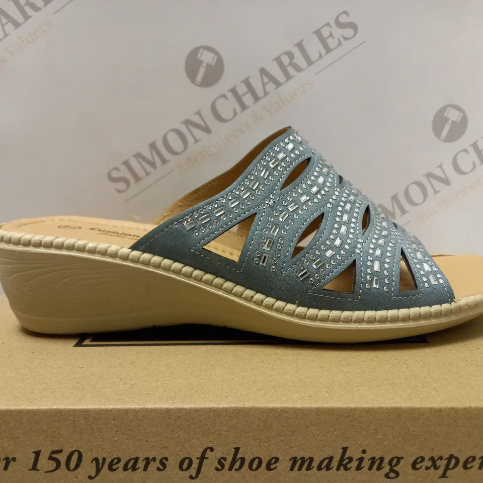 BOXED PAIR OF CUSHION WALK DIAMANTE MULES, BLUE - SIZE 7