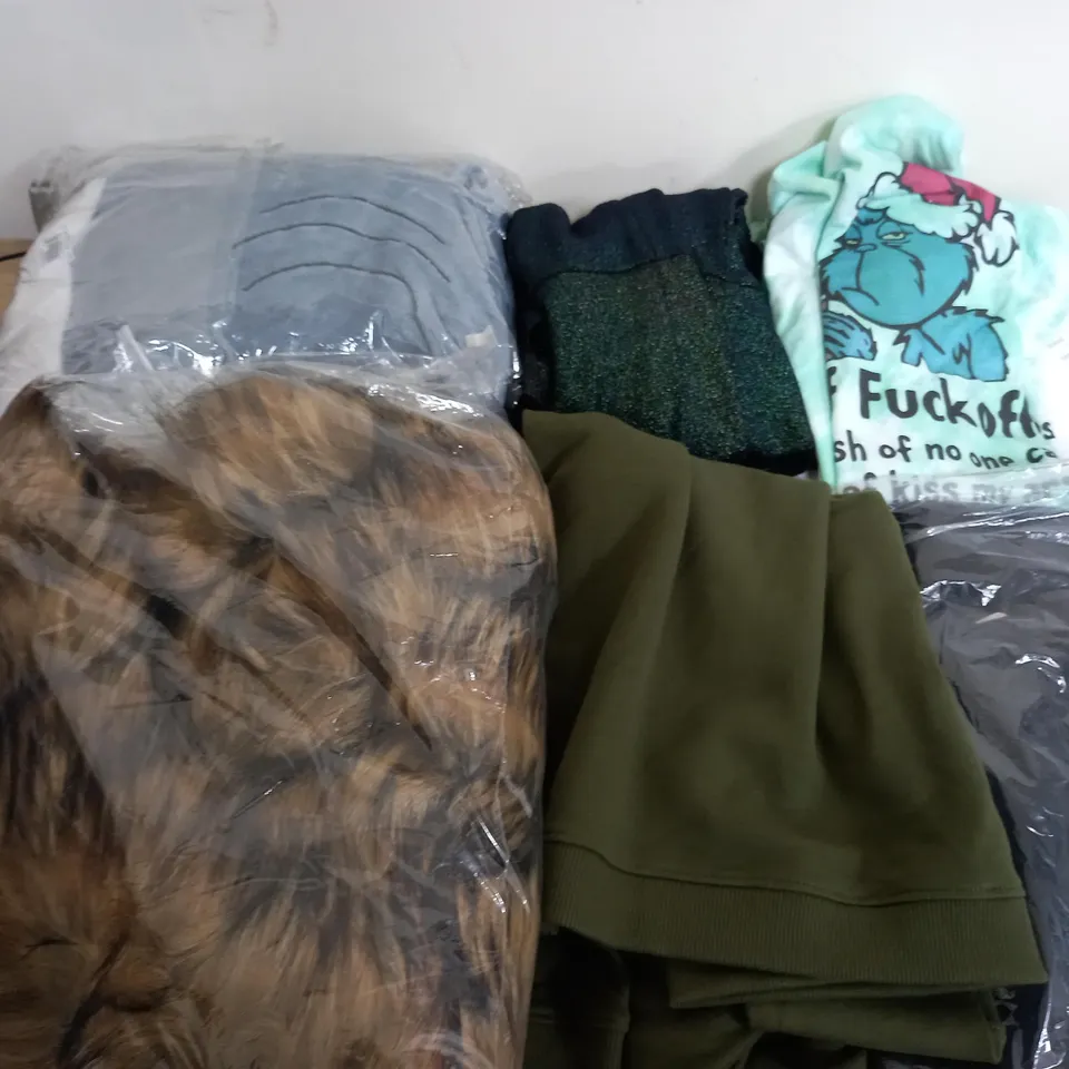 LARGE BOX OF ASSORTED CLOTHING ITEMS IN VARIOUS COLOURS AND SIZES INCLUDING TROUSERS , TOPS AND JUMPERS