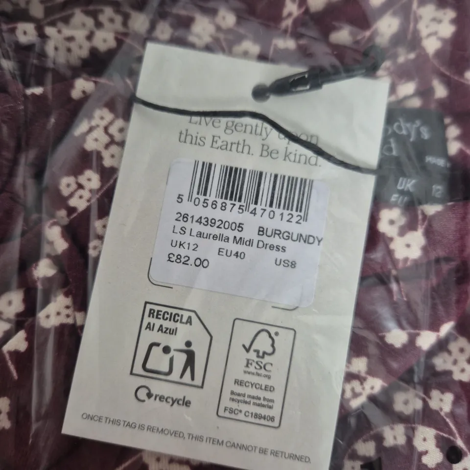 BAGGED NOBODY'S CHILD LAURELLA MIDI DRESS – BURGUNDY FLORAL, UK 12