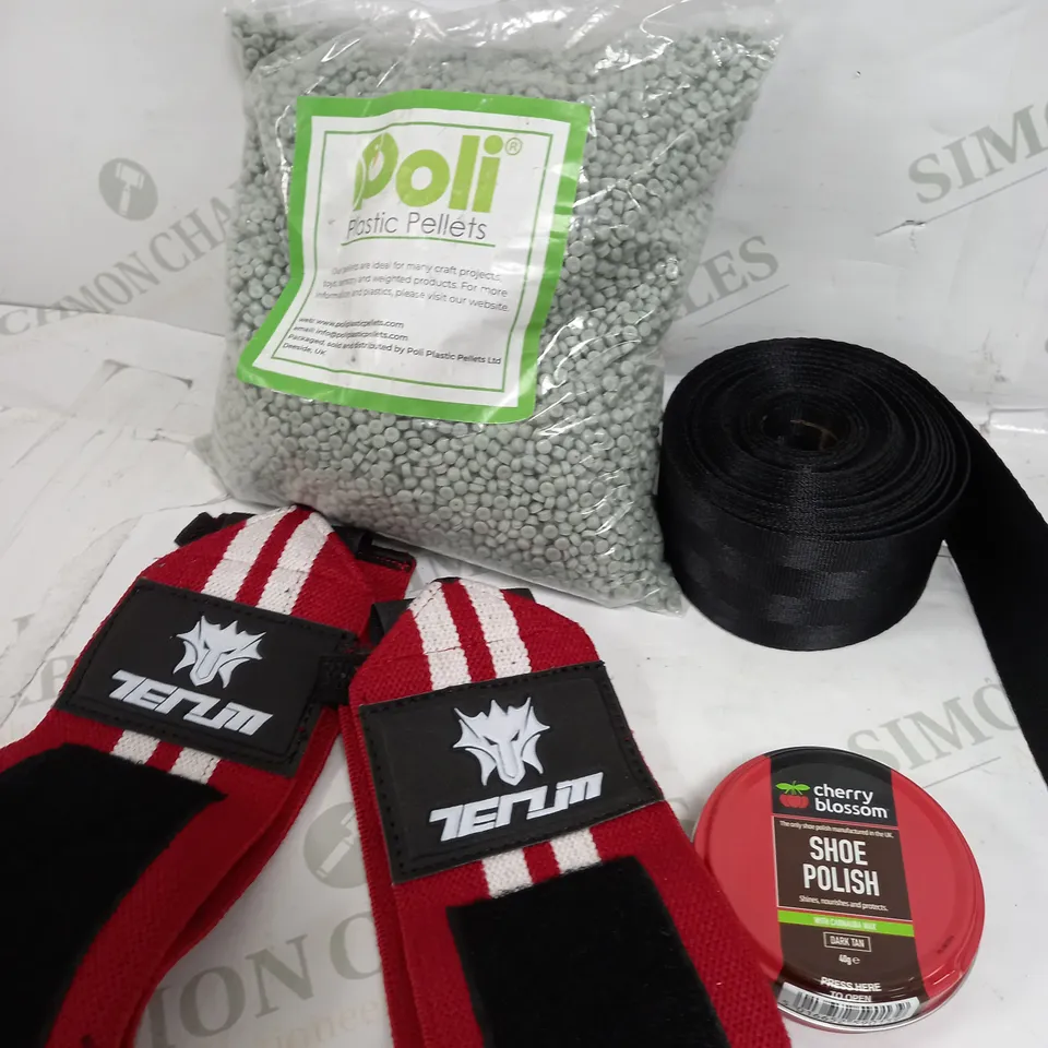 BOX OF APPROXIMATELY 10 ASSORTED ITEMS TO INCLUDE - PLASTIC PELLETS, BARBLESS, SHOE POLISH ETC