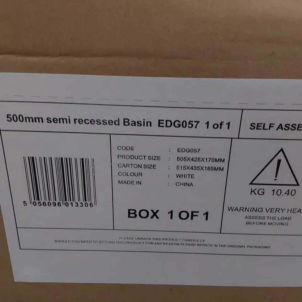 BOXED 50mm SEMI RECESSED WHITE BASIN EDG057