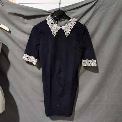 NAVY DRESS WITH WHITE LACE COLLAR AND CUFFS SIZE 12  