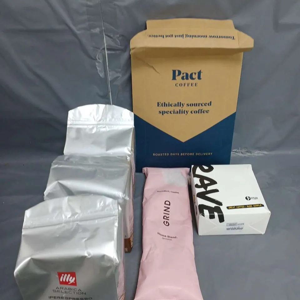LOT OF 6 ASSORTED COFFEE BEANS, GROUND AND PODS