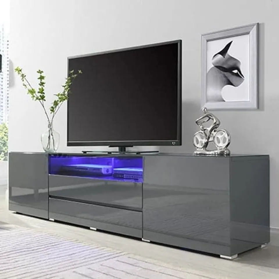 BOXED GENIE WIDE TV STAND IN HIGH GLOSS STRADA GREY WITH LED LIGHTING (2 BOXES)