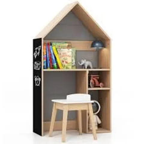 BOXED COSTWAY GREY HOUSE SHAPED WOODEN KIDS TABLE AND CHAIR SET WITH BLACKBOARD