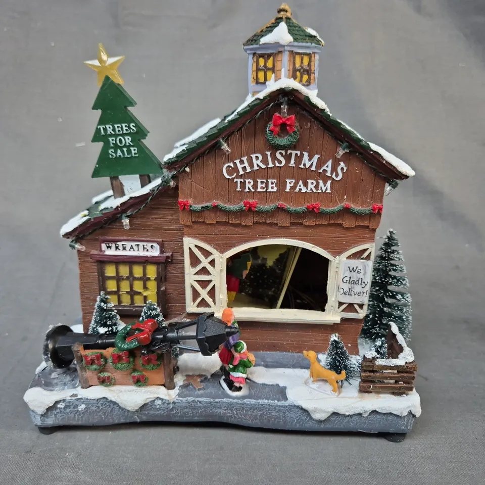 BOXED CHRISTMAS TREE FARM SCENE WITH LIGHTS AND MUSIC