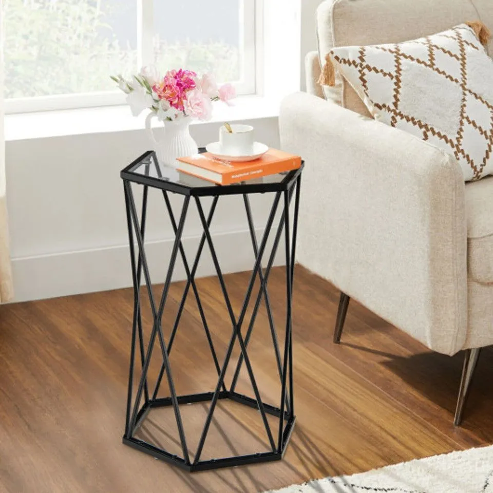 BOXED COSTWAY END TABLE TEMPERED GLASS TOP METAL FRAME HEXAGONAL ACCENT SIDE TABLE