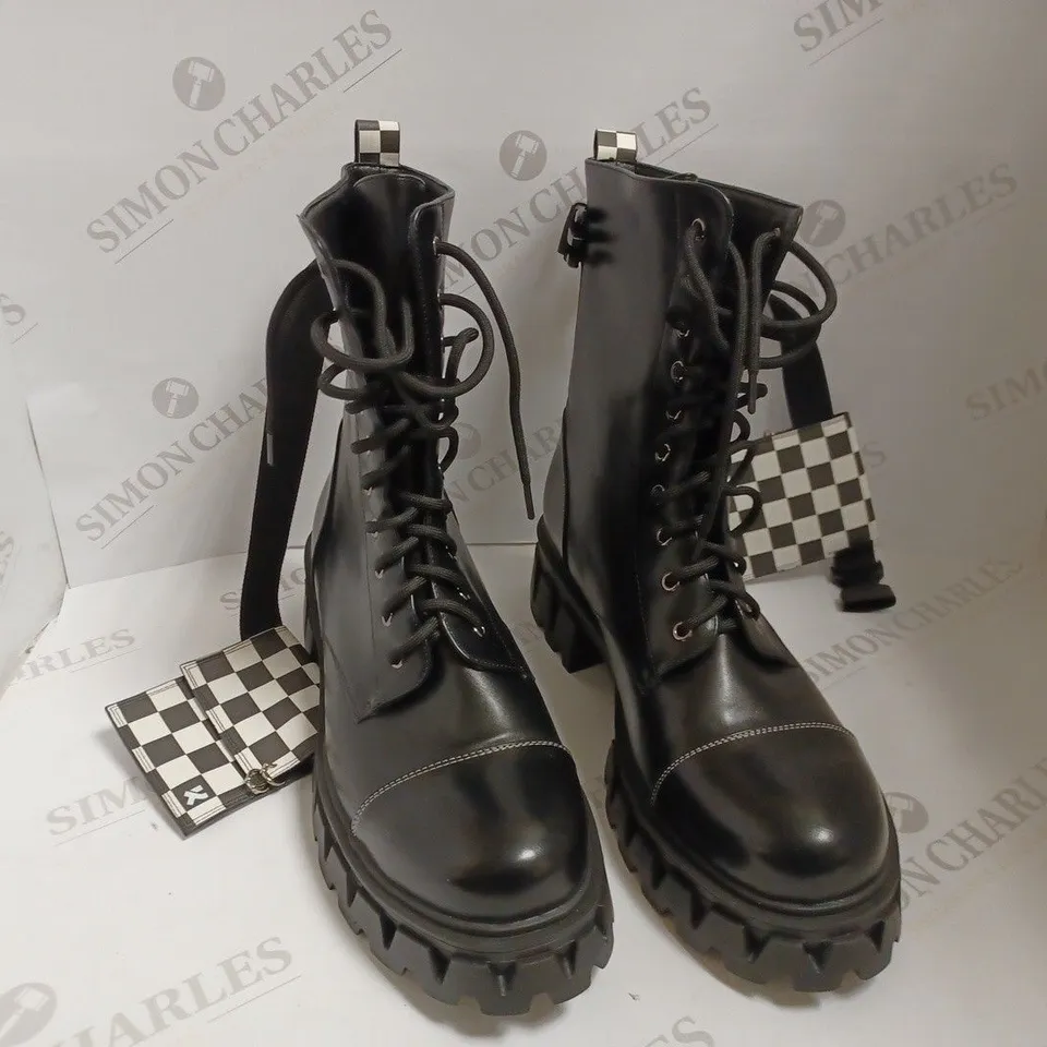 KOI VEGAN BLACK LACE UP BOOTS WITH CHEQUER DETAIL - SIZE 9