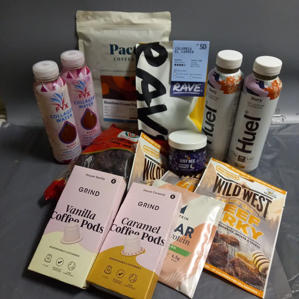 APPROXIMATELY 10 ASSORTED FOOD/DRINK ITEMS TO INCLUDE - GRIND COFFEE PODS - RAVE COFFEE BEANS - WILDWEST HONEY BBQ BEEF JERKY - ETC