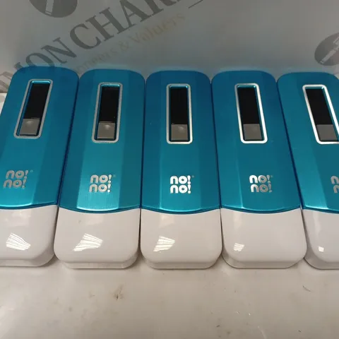 BOX OF 5 NO!NO! PRO MICRO HAIR REMOVERS IN BLUE, APPROXIMATELY 5 NO!NO! CARRYING CASES, APPROXIMATELY 3 NO!NO! LED TIPS