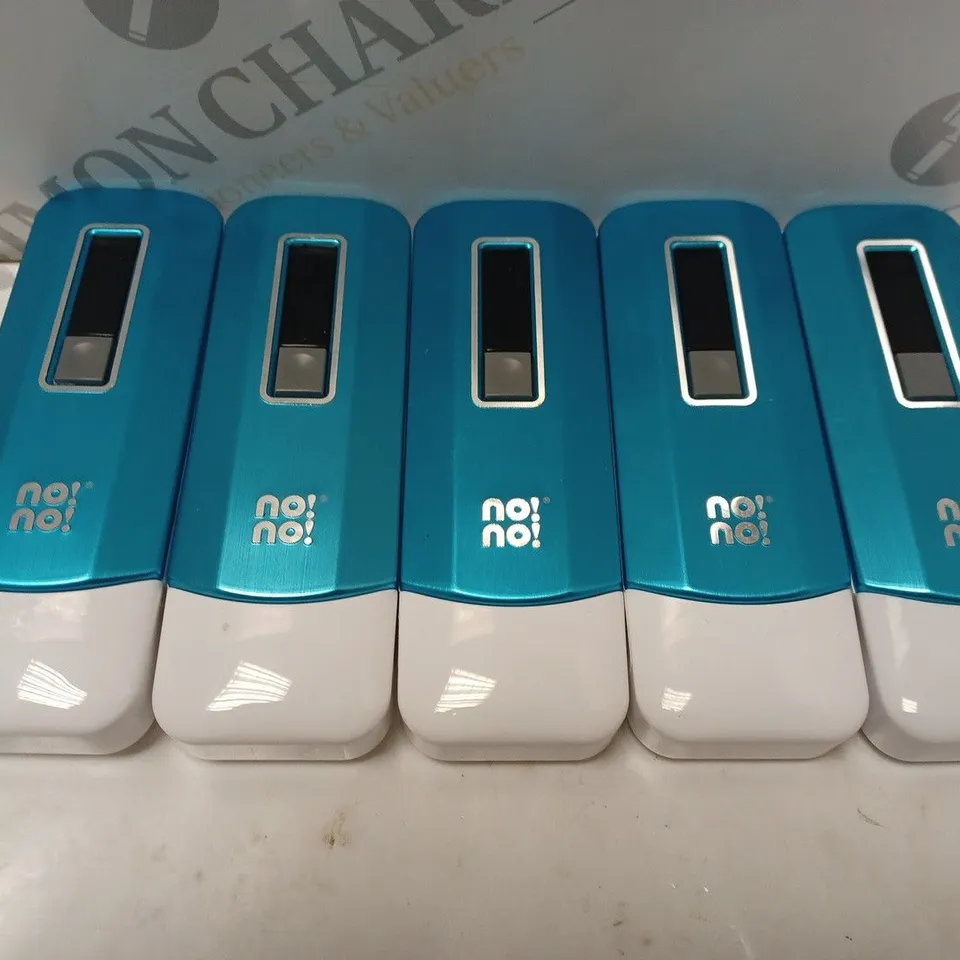BOX OF 5 NO!NO! PRO MICRO HAIR REMOVERS IN BLUE, APPROXIMATELY 5 NO!NO! CARRYING CASES, APPROXIMATELY 3 NO!NO! LED TIPS