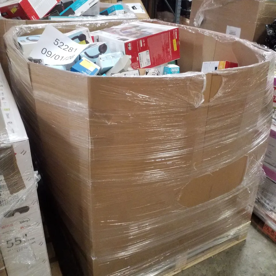 PALLET CONTAINING ASSORTED ELECTRICAL PRODUCTS INCLUDING CANON PIXMA PRINTER, CD BOOMBOX, AERIAL, SELFIE RING LIGHT & VIDEO DOORBELL