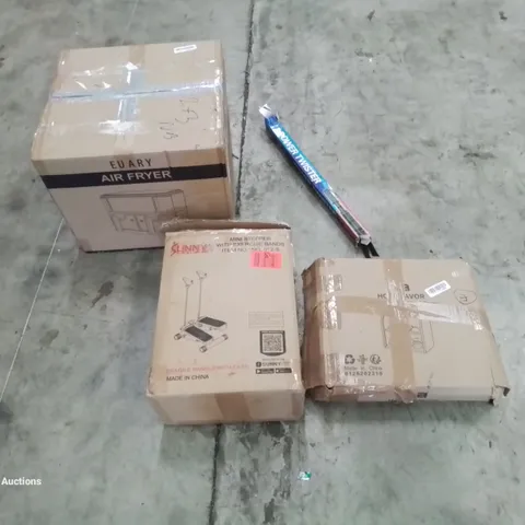 PALLET OF ASSORTED HOUSEHOLD GOODS AND PRODUCTS TO INCLUDE; BREAD BOXES, MINI EXERCISE STEPPER, AIR FRYER, BOXED FURNITURE ETC