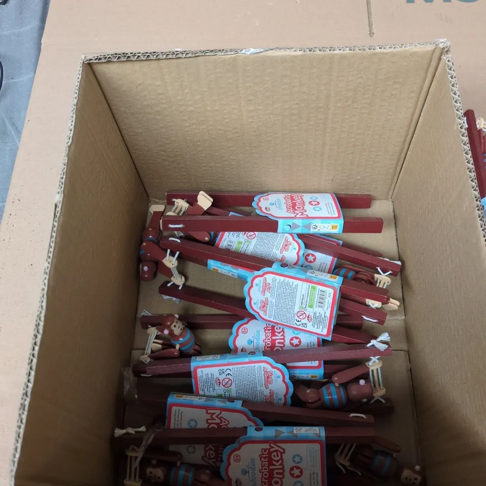 BOX OF APPROXIMATELY 10 BRAND NEW WOODEN ACROBATIC MONKEY TOYS
