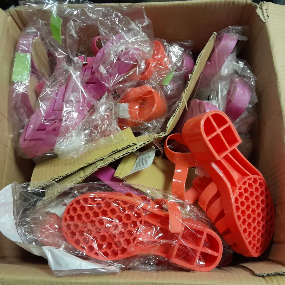 APPROXIMATELY 10 ASSORTED SANDALS AND SLIP ON SHOES IN VARIOUS COLOURS, SIZES AND STYLES