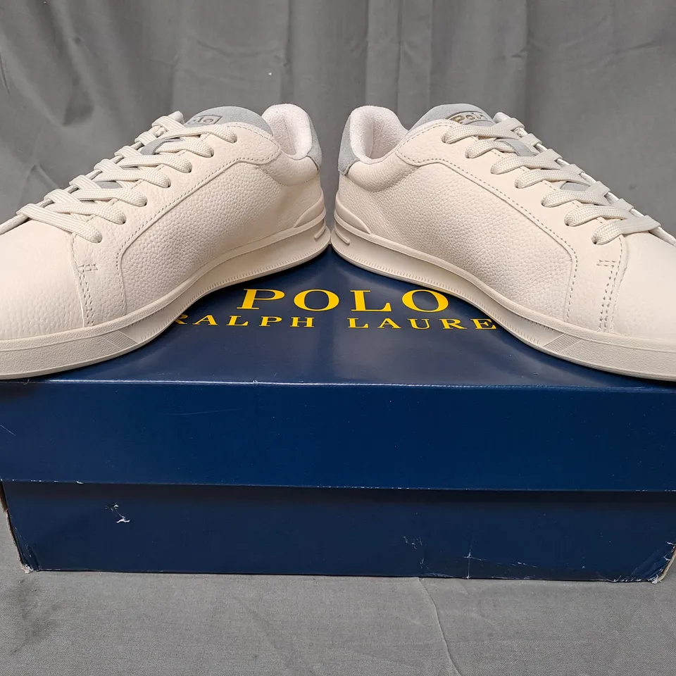 BOXED PAIR OF RALPH LAUREN POLO SHOES IN OFF WHITE UK SIZE 8