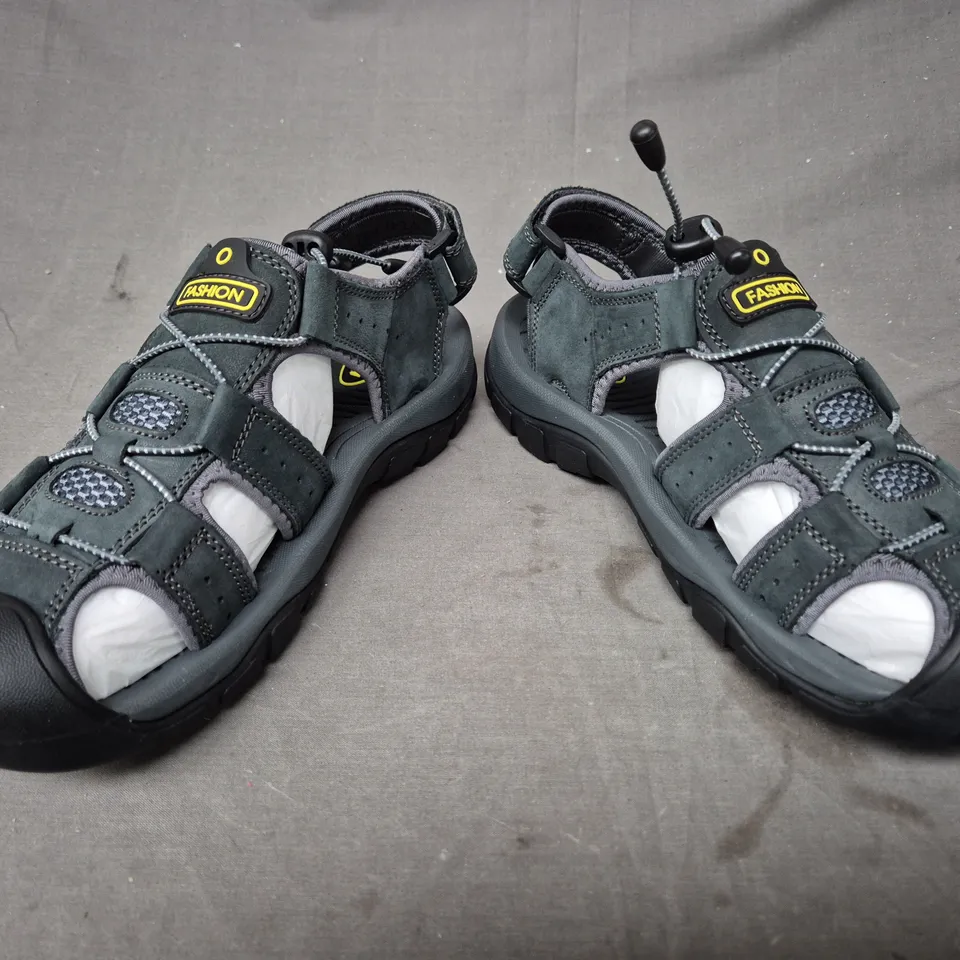 BOXED PAIR OF FASHION SANDALS IN GREY EU SIZE 44