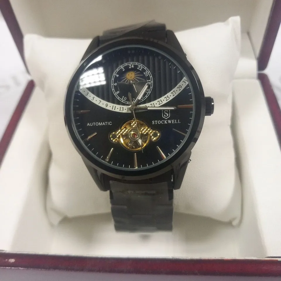 MEN’S STOCKWELL AUTOMATIC OPEN HEART WATCH WITH MOONPHASE MOVEMENT. BLACK STAINLESS STEEL STRAP. 