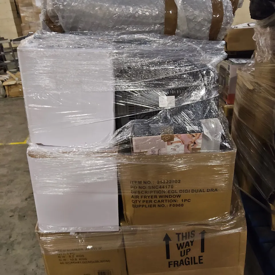 PALLET OF ASSORTED HOUSEHOLD ITEMS INCLUDING AIR FRYERS, FISH TANK,  BELDRAY CORDLESS VACUUM CLEANER 