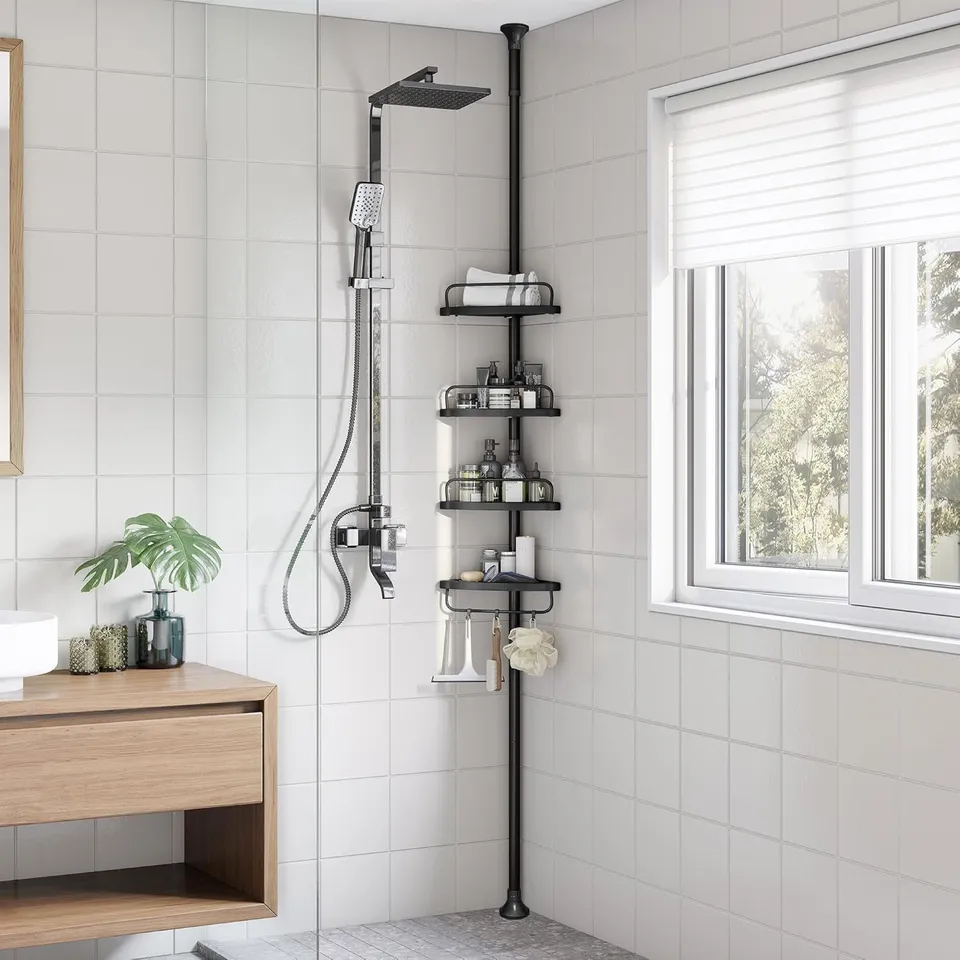 BOXED SONGMICS 4-TIER SHOWER CORNER SHELF 85-305 CM ADJUSTABLE SHOWER CADDIES, BLACK