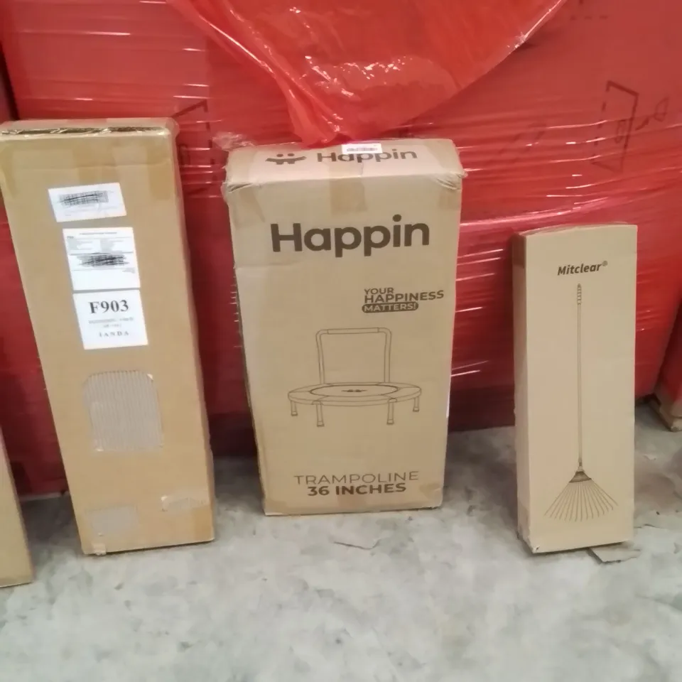 PALLET OF ASSORTED HOUSEHOLD GOODS AND PRODUCTS TO INCLUDE;RETRACTABLE SAFETY GATE,TRAMPOLINE,RAKE