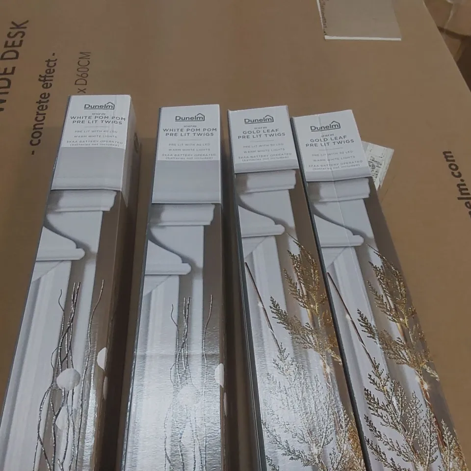 BOX CONTAINING 4x SMALL CHRISTMAS PRE-LIT ARTIFICIAL TWIG DECORATIONS