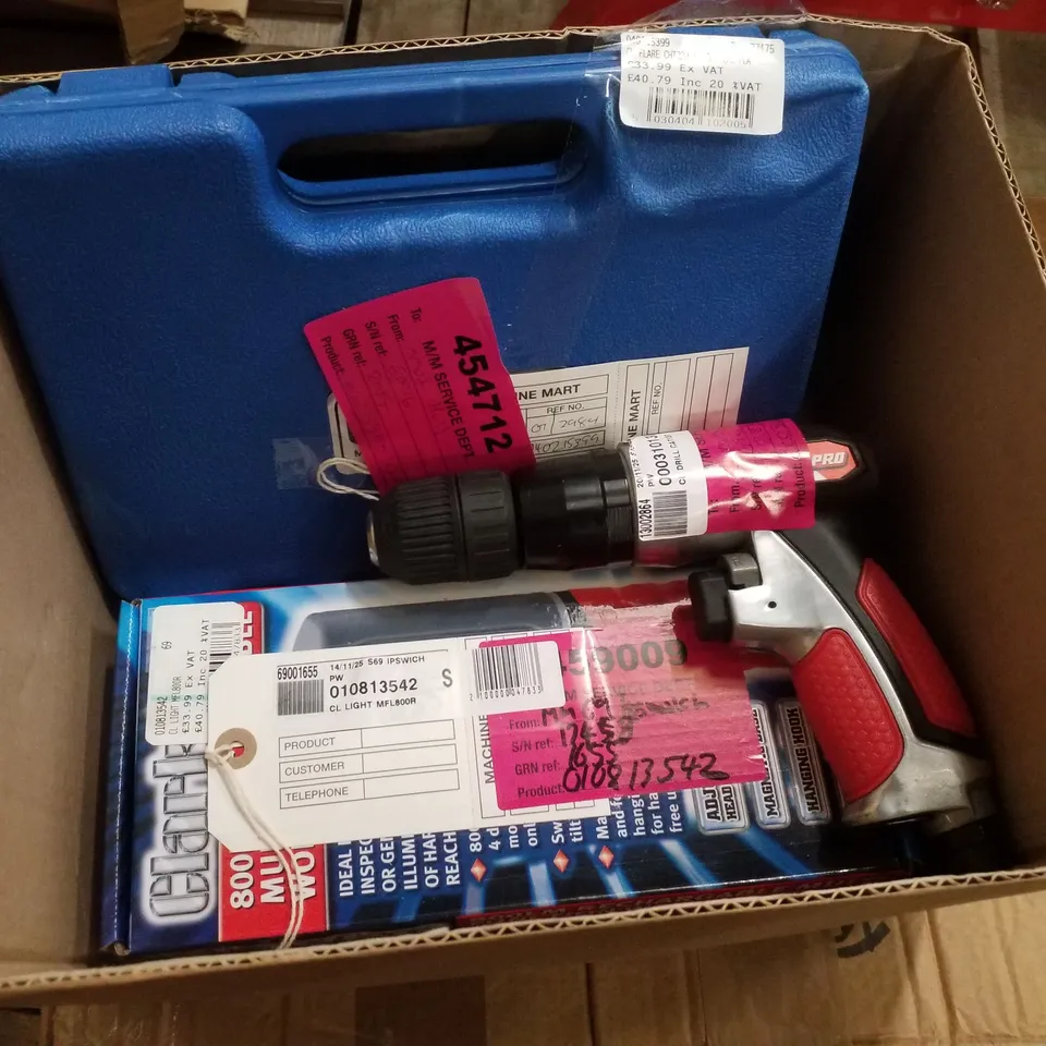 BOX CONTAINING ASSORTED PRODUCTS INCLUDING RECHARGEABLE MULTI FUNCTION WORK LIGHT, PIPE FLARING & CUTTING KIT & PROFESSIONAL 3/8" KEYLESS REVERSIBLE AIR DRILL