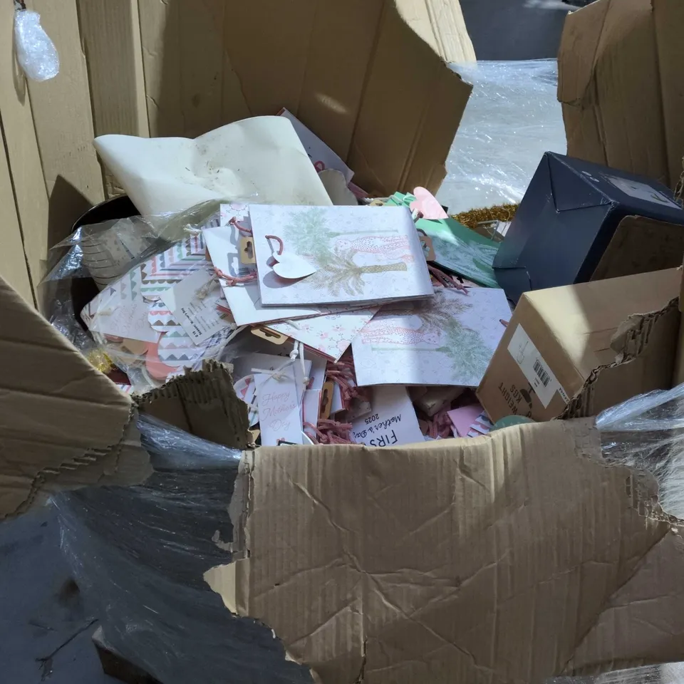 PALLET CONTAINING LARGE QUANTITY HOUSEHOLD ITEMS TOO INCLUDE LIGHT BULBS , GIFT BAGS , STICK CANDLES , DECORATIONS , ETC 