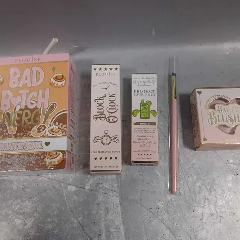 PLOUISE LOT OF 5 ASSORTED COSMETIC PRODUCTS TO INCLUDE - BAD BITCH ENERGY CINNAMON SWIRL LIP CARE DUO - BLOCK & LOCK PRIMER - HAD ME BLUSHING POWDER BLUSH DUO - ETC