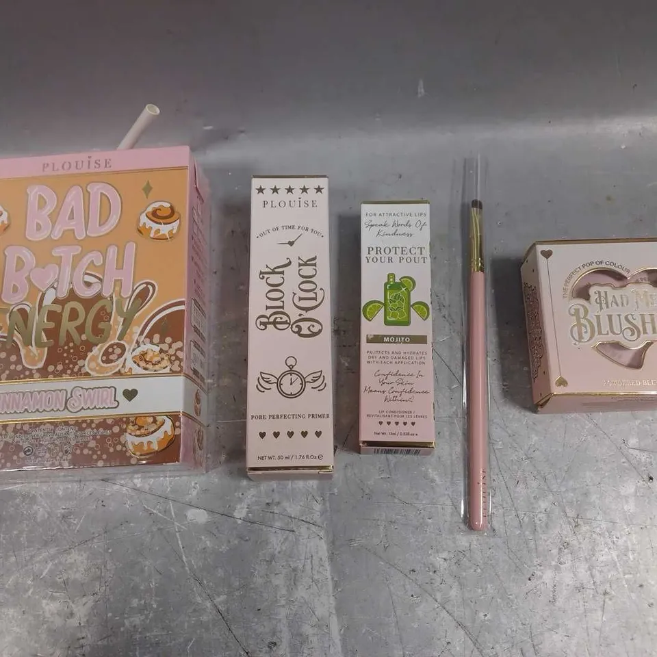 PLOUISE LOT OF 5 ASSORTED COSMETIC PRODUCTS TO INCLUDE - BAD BITCH ENERGY CINNAMON SWIRL LIP CARE DUO - BLOCK & LOCK PRIMER - HAD ME BLUSHING POWDER BLUSH DUO - ETC