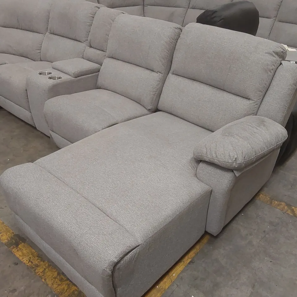 QUALITY DESIGNER FABRIC UPHOLSTERED CORNER SOFA WITH RECLINER, CUP HOLDERS AND STORAGE