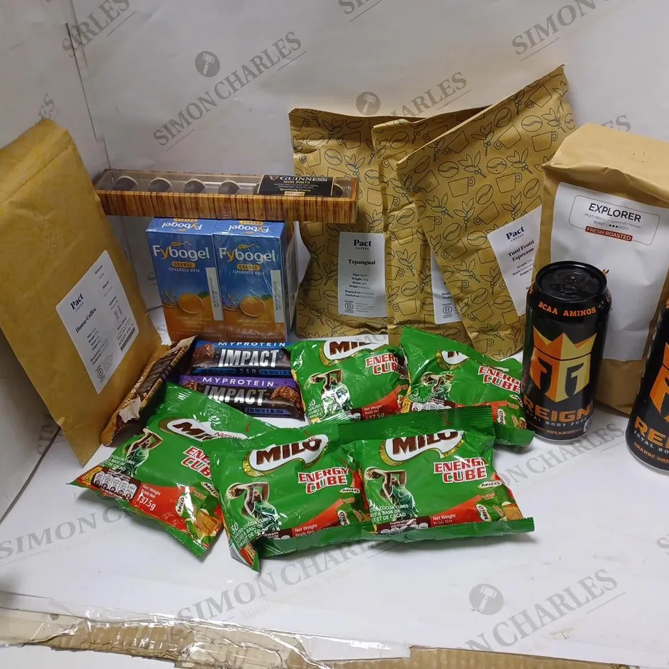 LOT OF APPROXMATELY 16 ITEMS TO INCLUDE 5 NESTLE MILO ENERGY CUBES, ROAST COFFEE SHOP EXPLORER FRESH ROASTED BEANS (1kg), GUINNESS MINI PINTS CHOCOLATE, ETC