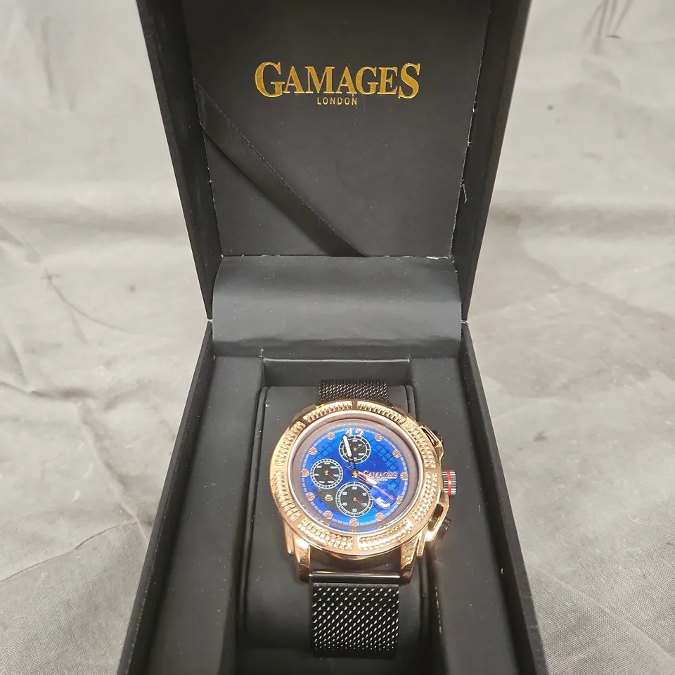 GAMAGES LONDON ROSE-GOLD TONE CHRONOGRAPH WATCH WITH BLUE DIAL AND MESH BRACELET